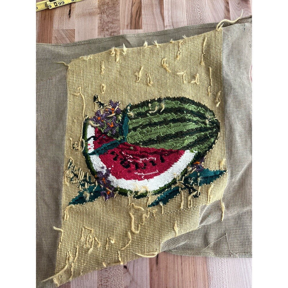Vintage Needlepoint Set of 2 Watermelon Flowers Blue & Yellow Work in Progress - Picture 11 of 12